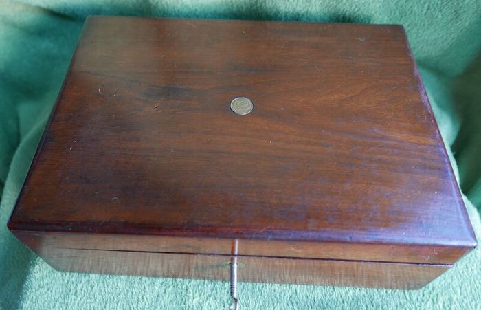 Antique 1800s Wood Folding Portable Travel Writing Lap Desk Campaign Box Case Key