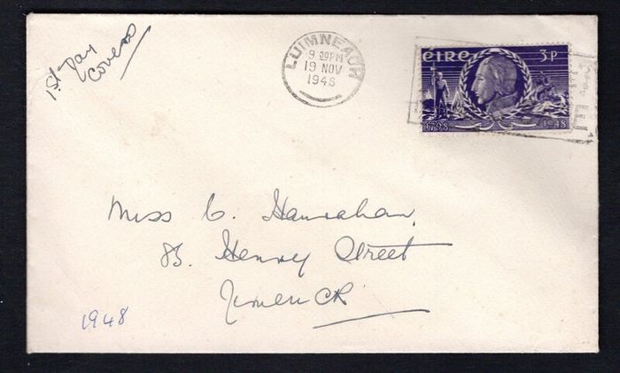 1948 Ireland 150th Anniversary of the Insurrection of 1798 (Wolfe Tone) Commemorative Stamps Neatly addressed First Day Cover (FDC) with Luimneach (Limerick) cancel