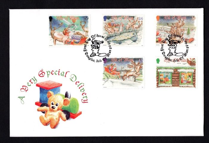 1998 Isle of Man Christmas 1998: "A very Special Delivery" Commemorative Stamps Addressed First Day Cover (FDC)