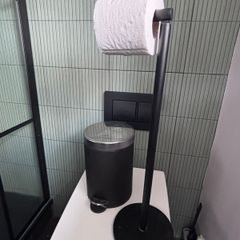 Bathroom toilet roll holder, bin and shower door squeegee