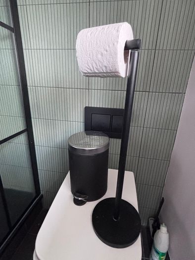 Bathroom toilet roll holder, bin and shower door squeegee