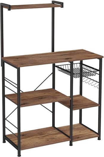 Standing Kitchen Shelf with Metal Basket and 6 S-Hooks and Shelves