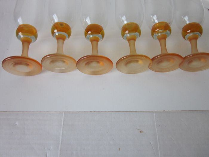 Set of 6 Vintage Amber Bubble Stem Champagne Glass Flutes 18.5cm