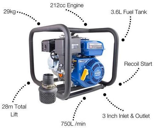 Hyundai 212cc 6.5hp Professional Petrol Water Pump - 3"/80mm Outlet