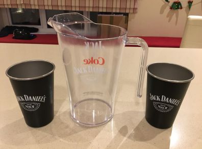 Coca Cola Plastic Pitcher Jug and Metal Jack Daniels Set