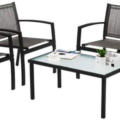 Garden furniture set of 4, seating group in the garden and balcony, garden set with three chairs and a glass table (black)