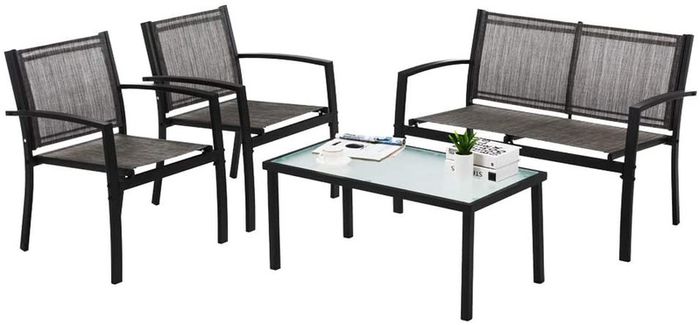 Garden furniture set of 4, seating group in the garden and balcony, garden set with three chairs and a glass table (black)