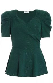 Quiz Green Glitter Wrap Peplum Top. Size 14. New