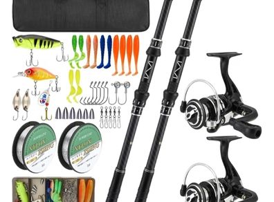 Fishing Rod and Reel Combos Set of 2, Carbon Fiber Fishing Rod Reel Combo, Telescopic Fishing Rod and Spinning Reel Combo Set with Carrier Bag for Freshwater Saltwater Kit Fishing Gifts for Men Women