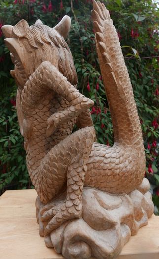 Large Beautifully Hand Carved Wooden Dragon, height 16,5 inches