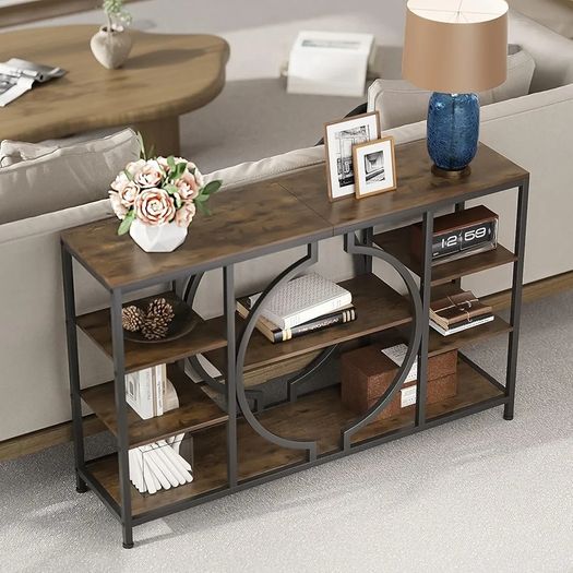 120cm Industrial Console Tables for Entryway Rustic Sofa Table Behind Couch 4 Tier Wooden Shelves Entry Table with Storage for Foyer, Hallway, Front Door,Living Room (Rustic Brown)