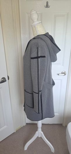 Grey Hooded Longline Cardigan Coatigan Contrast Trim Pockets Size L