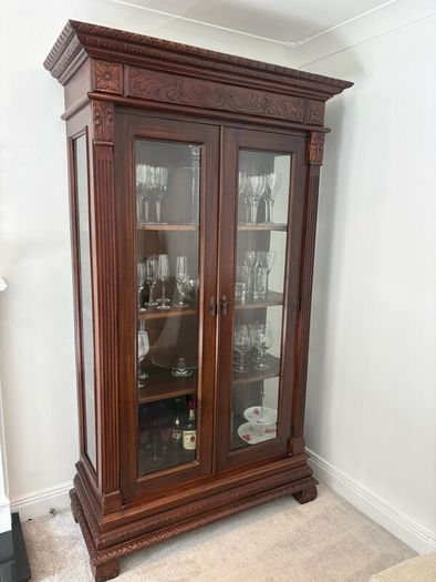 Large Ornate 7ft Wooden Glass Display Cabinet