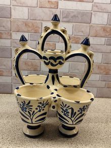 Vintage Hand Painted Ceramic Egg Carrier  Blue and White Floral Easter Table