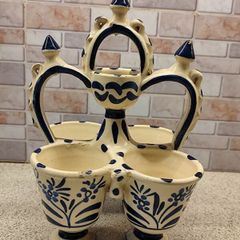 Vintage Hand Painted Ceramic Egg Carrier  Blue and White Floral Easter Table