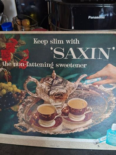 Antique Large Showcard Advertisement Sign SAXIN, Non-Fattening Sugar Substitute/Sweetener 1900s