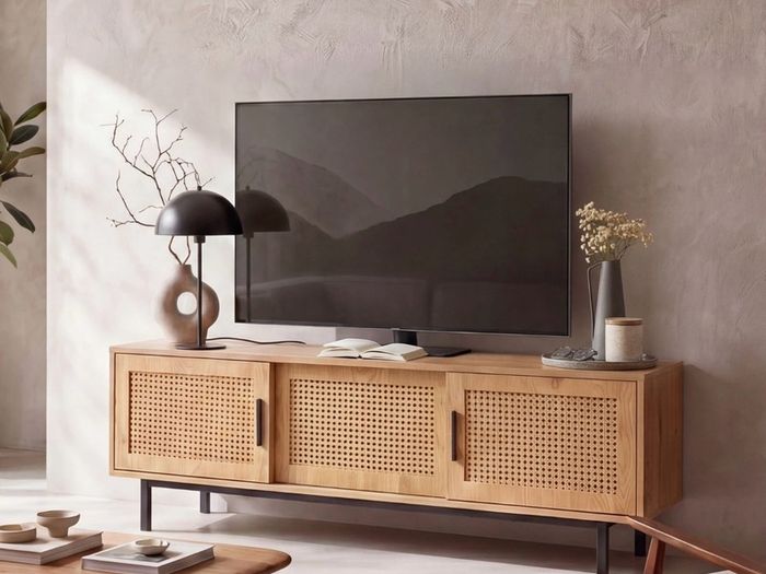 Modern 120cm Oak Effect TV Unit with Rattan Doors