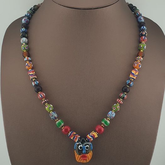 Vintage Venetian Style Mix Glass Beads & Old Face Pendant Necklace