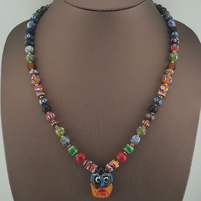 Vintage Venetian Style Mix Glass Beads & Old Face Pendant Necklace