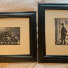 Framed pictures of Charlie Chaplin & Laurel and Hardy