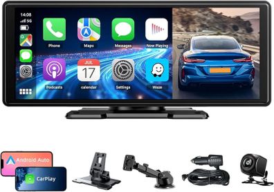 10.26" Wireless Car Stereo for Apple Carplay & Android Auto, Portable IPS Touch Screen with 1080P Rear Camera, Bluetooth/Voice Control/Mirror Link/GPS Navigation/FM/AUX/WiFi