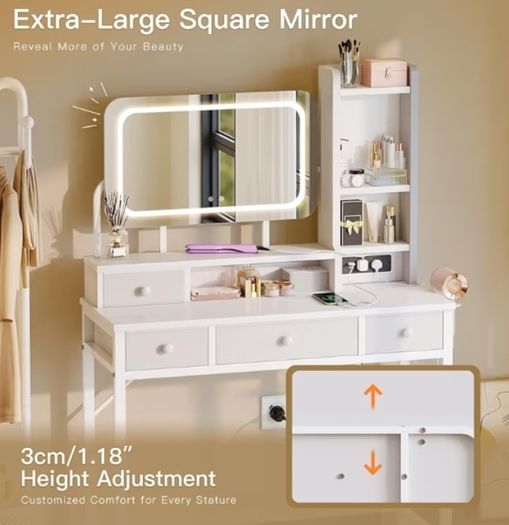 Dressing Table with Large LED Mirror 3 Lighting Modes Adjustable Brightness, Built in USB AC Socket Vanity Table with 4 Fabric Drawers, Modern Makeup Desk 100 40 140cm