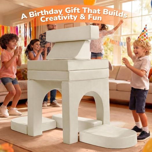 10-Pieces Kids Play Sofa, Modular Toddler Chair Couch, Beige Toddler Couch with Fold Out Foam Design, Convertible Sectional Playset For Girls Boys Bedroom Playroom