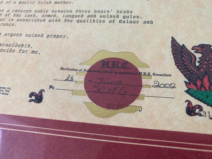 Pierce Family Name History by The Historical Research Center Certificate of Authenticity issued 2002