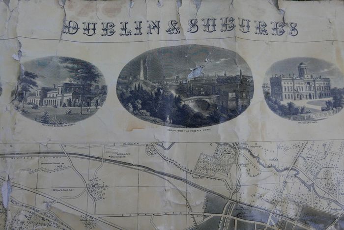 Antique DUBLIN. Map of Dublin & Suburbs with 22 vignettes of Dublin landmarks. Published by Edward Heffernan, 1st June, 1868, 12 Charleville Road, Rathmines. 28" x 22,5". Linen backed. Frayed at edges