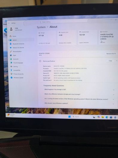 Lenovo Ideapad Y700 Gaming i7 6Th Gen 16GB 512 m2 windows 11