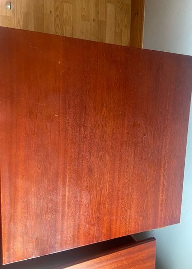 Large, very solid desk with side desk, lockable pedestal on wheels and lockable cabinet