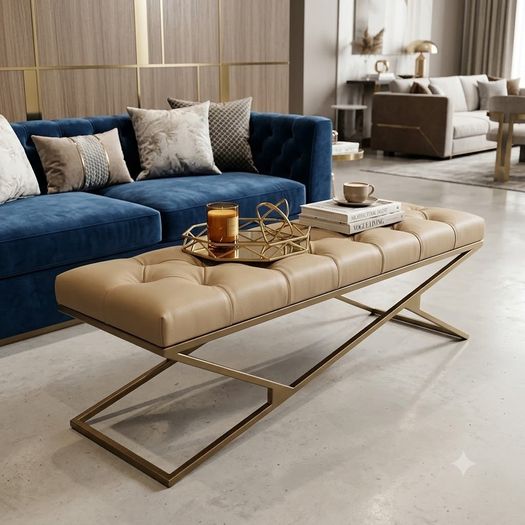 Luxury Chesterfield Bench  Gold Frame & White Tufted Upholstery 140cm