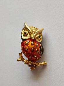 Gold Tone Orange Enamel Owl Brooch