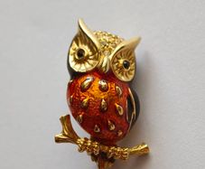 Gold Tone Orange Enamel Owl Brooch