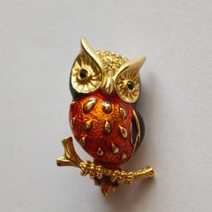 Gold Tone Orange Enamel Owl Brooch