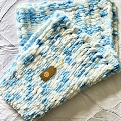 Super soft chenille handknit baby blanket blue and white