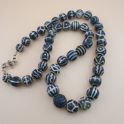 Burmese Antique Pumtek Pyu Petrified Wood Stone Beads Necklace 24 Inches