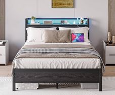 King Size Bed Frame with Storage Shelf Wooden Headboard,LED Lights,5ft Metal Bed Frames Kingsize Bed with Charging Station,Mattress Foundation,Strong Steel Slats Support,Noise Free,Black