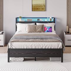 King Size Bed Frame with Storage Shelf Wooden Headboard,LED Lights,5ft Metal Bed Frames Kingsize Bed with Charging Station,Mattress Foundation,Strong Steel Slats Support,Noise Free,Black