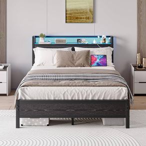 King Size Bed Frame with Storage Shelf Wooden Headboard,LED Lights,5ft Metal Bed Frames Kingsize Bed with Charging Station,Mattress Foundation,Strong Steel Slats Support,Noise Free,Black