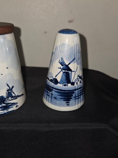 Vintage Delft Blue Salt and Pepper Shakers with matching Sugar Bowl