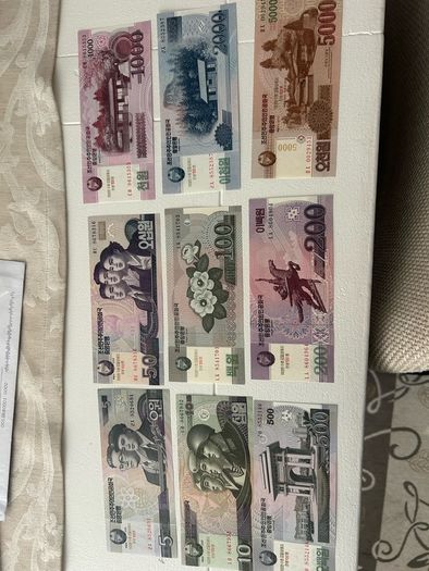 N Korea UNC banknotes set of 9 pcs at 2 euro each only