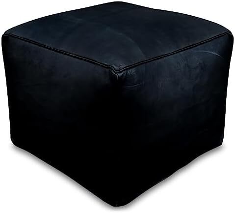 Good Square Leather Pouffe - Handmade - Delivered stuffed - Ottoman footstool, floor cushion (Black)