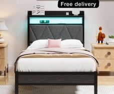 Single Bed Frames with 3ft Upholstered Wooden Two-shelf Storage Headboard, Charging Station,LED Lights
