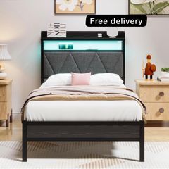Single Bed Frames with 3ft Upholstered Wooden Two-shelf Storage Headboard, Charging Station,LED Lights