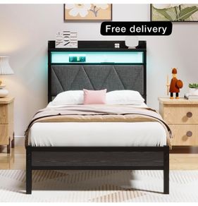 Single Bed Frames with 3ft Upholstered Wooden Two-shelf Storage Headboard, Charging Station,LED Lights