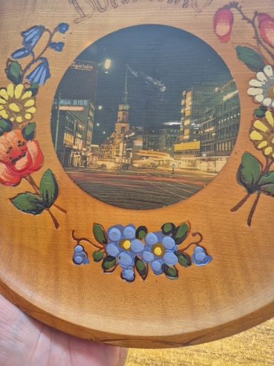 Vintage Wooden Dortmund Hanging Plate | 1960s Hand Painted Wood Burned Plate