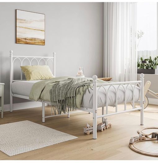 3ft Single Metal Bed Frame with Headboard, White Heavy Duty Foundation, Metal Slat Support, Underbed Storage, Easy Assembly, for Bedroom Dorm Guest Room