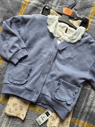 3-Piece Outfit Set - Blue Sweatshirt Cardigan, Broderie Top & Floral Flare Trousers