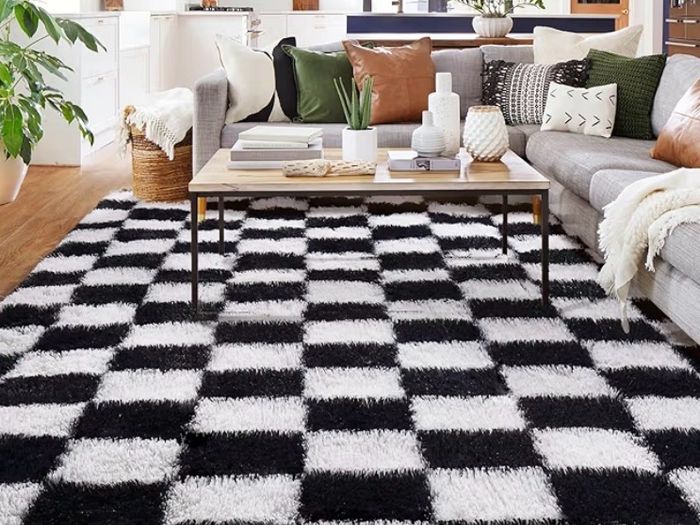120x180cm Black and White Check Rug for Bedroom, Washable Non Slip Non-Shedding, Shag Pile Soft Fluffy Thick Rugs, Checkerboard Carpet for Hallways, Kitchen, Lounge